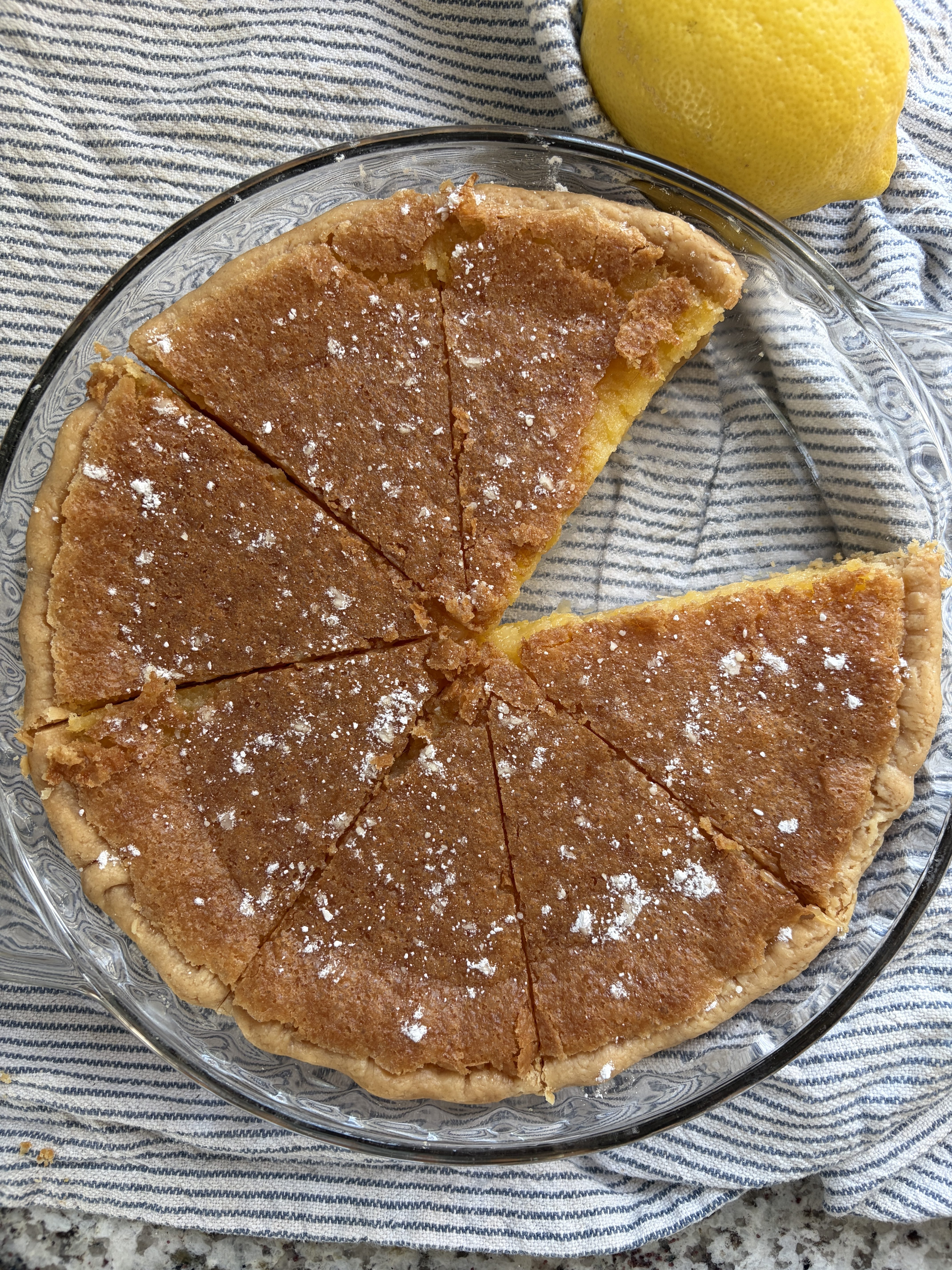 Lemon chess pie with slice removed